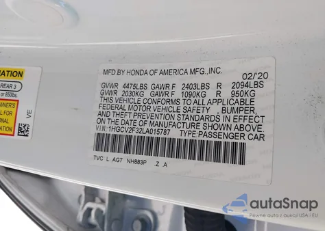 2020 Honda Accord Sport 2.0T из США, поврежденный, VIN 1HGCV2F32LA015787